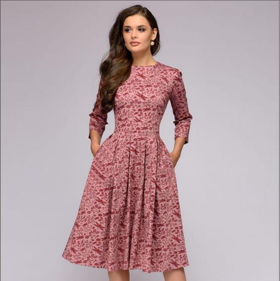 Eleghant Women Tunic Floral Dresses High Waist A-Line Dress Vintage Ladies O-Neck 3/4 Sleeved Pleated Flowers Autumn Dress