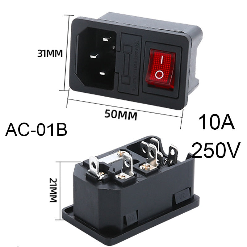 2 3 Pin IEC320 C14 Electrical Power Socket LED 250V Rocker Switch Brass 10A C6 Fuse Inlet Plug Connector Computer Mount Outlet