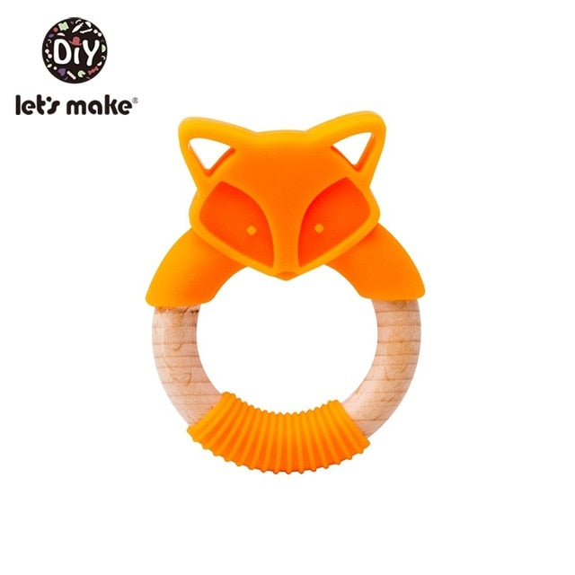 Let's Make 1pc Baby Silicone Teether Cartoon Elephant Teething Toy Beech Wood Ring Infant Comfort Toys Baby Teether