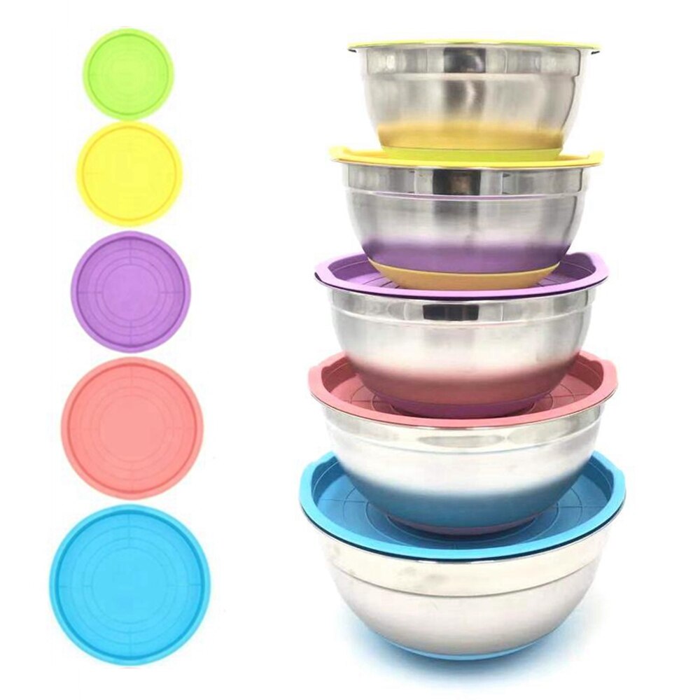 Colorful 304 Stainless Steel Salad Bowl With Lid Non-slip Silicone Bottom Kitchen Egg Mixing Bowls Set For Cooking Baking