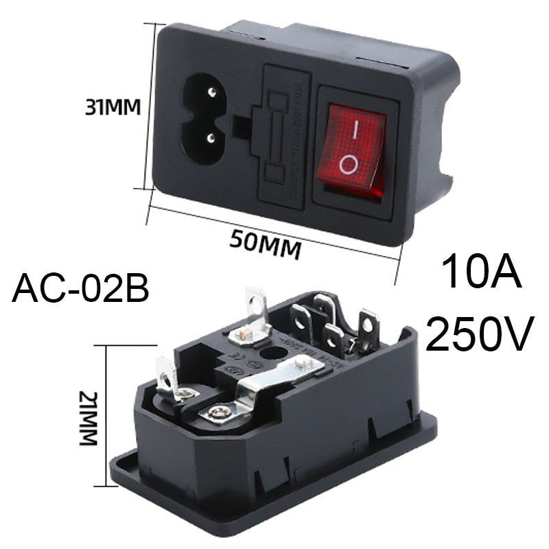 2 3 Pin IEC320 C14 Electrical Power Socket LED 250V Rocker Switch Brass 10A C6 Fuse Inlet Plug Connector Computer Mount Outlet