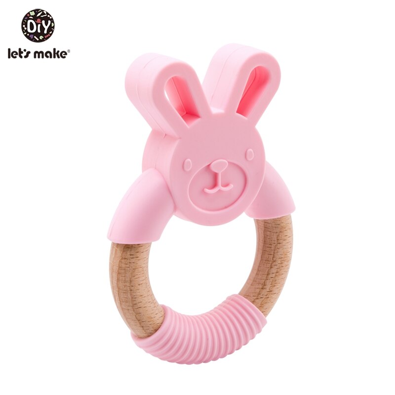 Let's Make 1pc Baby Silicone Teether Cartoon Elephant Teething Toy Beech Wood Ring Infant Comfort Toys Baby Teether
