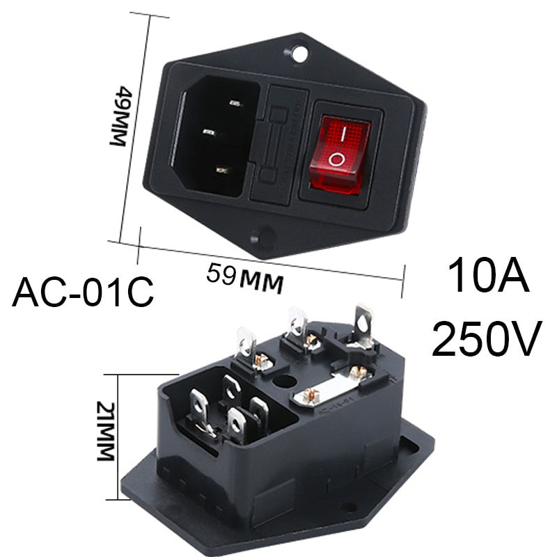 2 3 Pin IEC320 C14 Electrical Power Socket LED 250V Rocker Switch Brass 10A C6 Fuse Inlet Plug Connector Computer Mount Outlet