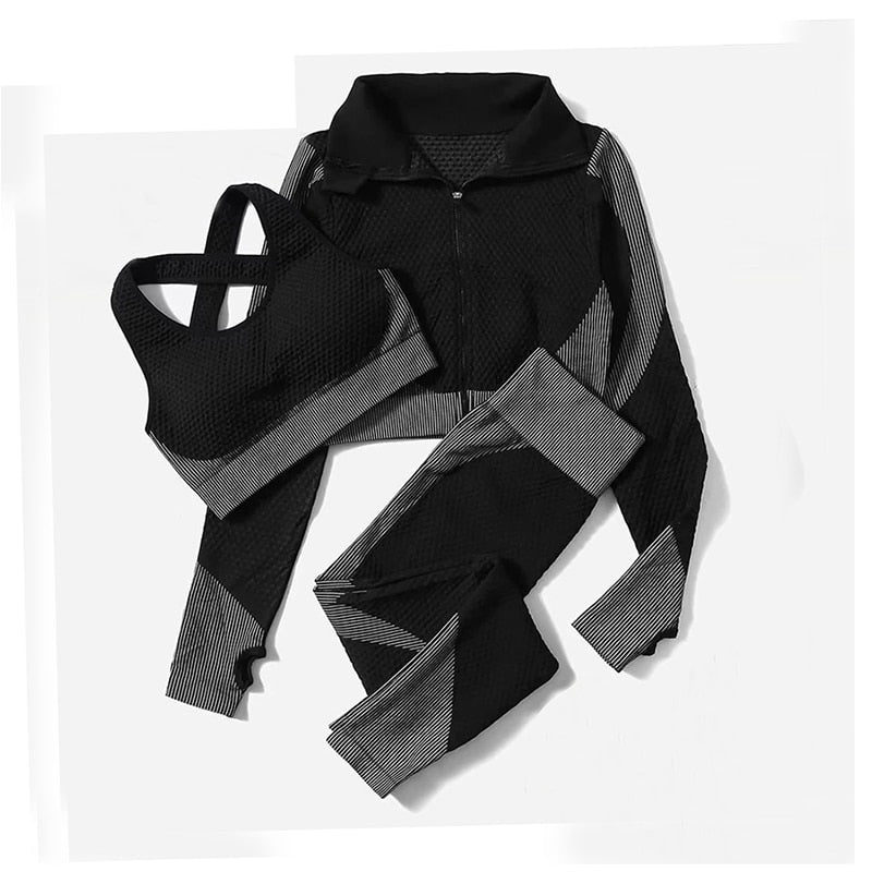 2/3Pcs Women Yoga Suit Seamless Knitted Yoga Pants Leggings Clothing Zipper Long Sleeve Crop Top Fitness Wear Sportswear Gym Set