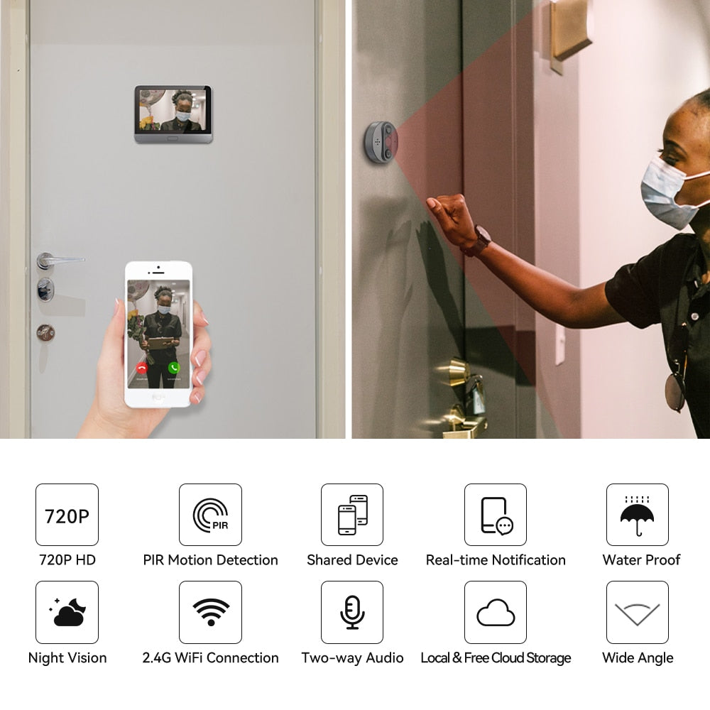 Jeatone Tuya smart WiFi door bell With 1080P/120°Camera video peephole for door 4.3" LCD screen 24H PIR Movement Detection Eye