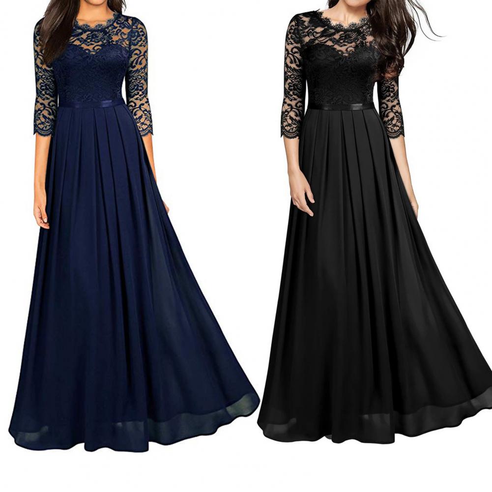 Long Dress Fashion All-matched Women Dress O Neck 3/4 Sleeve A-Line Long Dress for Birthday Party