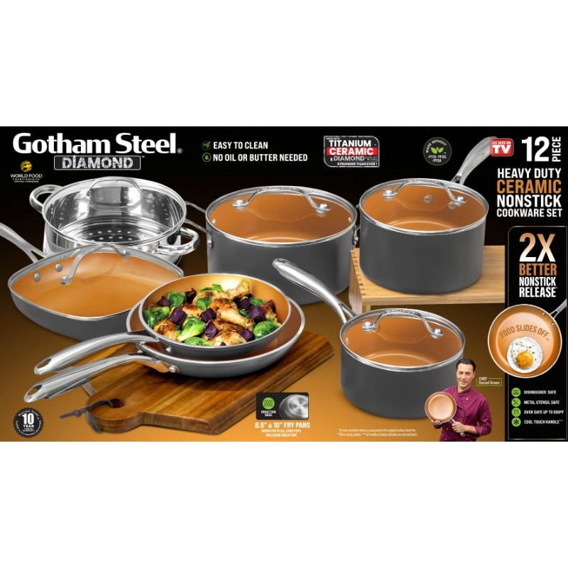 Gotham Steel Diamond 12 Piece Cookware Set, Non-Stick Copper Coating, Includes Skillets, Frying Pans and Stock Pots,Dishwasher