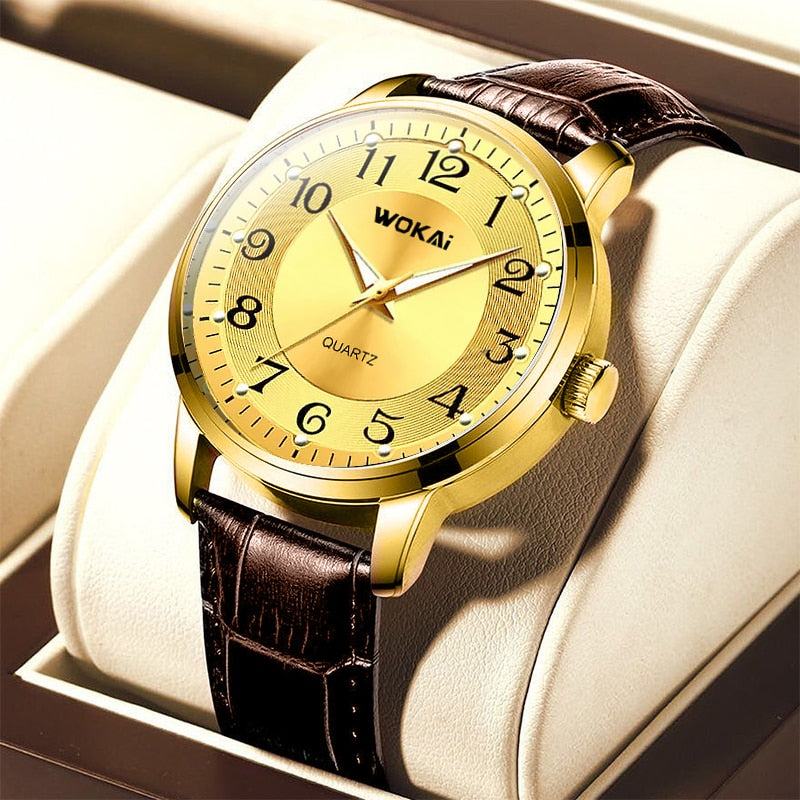 WOKAI high quality Rose Gold Men's Casual belt quartz watch Men's student three eyes Women's night light waterproof clock