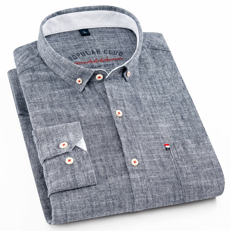 Men's Versatile Casual Long Sleeve Solid Linen Cotton Shirts Single Pocket Button-down Breath Comfortable Soft Slim-fit Shirt