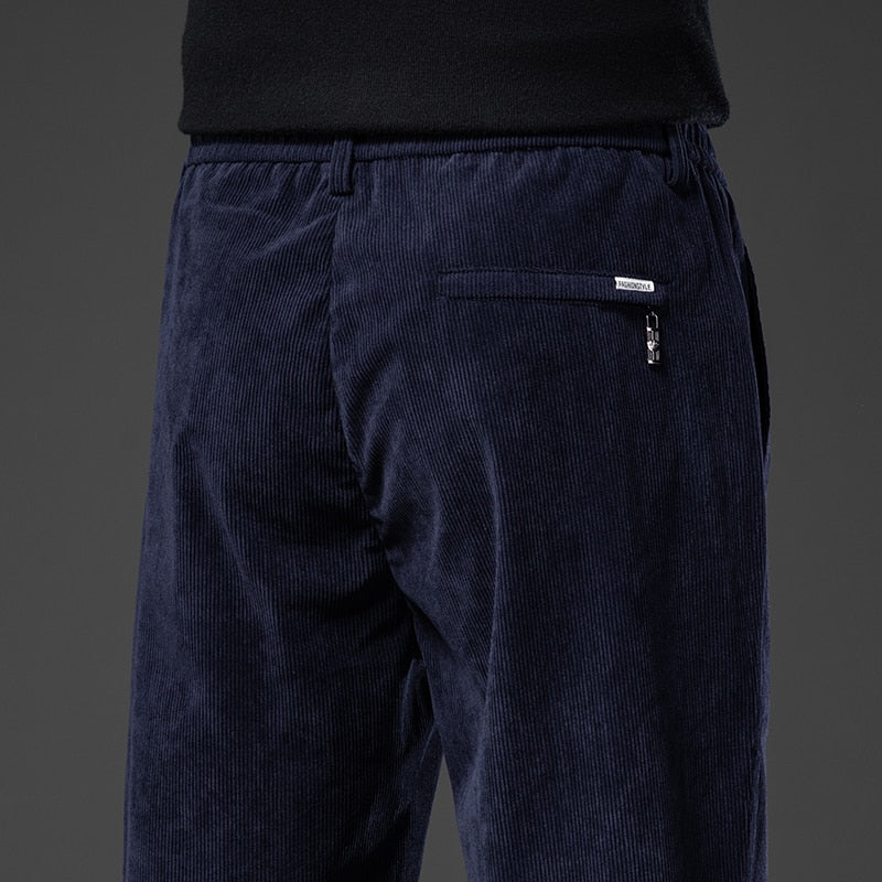 Spring Autumn Men's Corduroy Casual Pants Elastic Waist Business Fashion Straight Loose Trousers Male Black Khaki Blue M-5XL