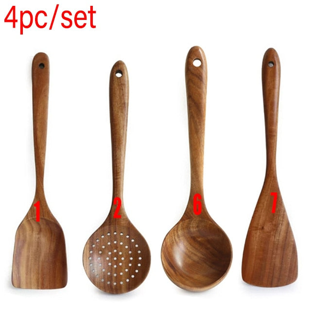 Teak Natural Wood Tableware Spoon Ladle Turner Rice Colander Soup Skimmer Cooking Spoon Scoop Kitchen Reusable Tool Kit