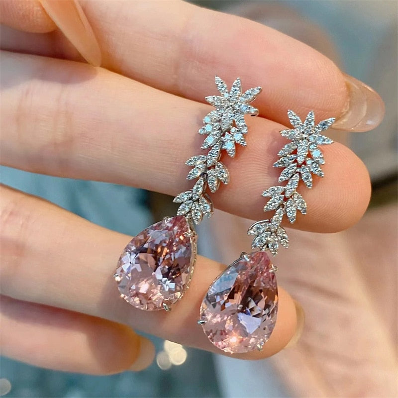 2023 Korea Jewelry Pink Morganite Diamond Water Drop Earrings Female Elegant Long Pendant Earring Trendy Dangler Fine Gift