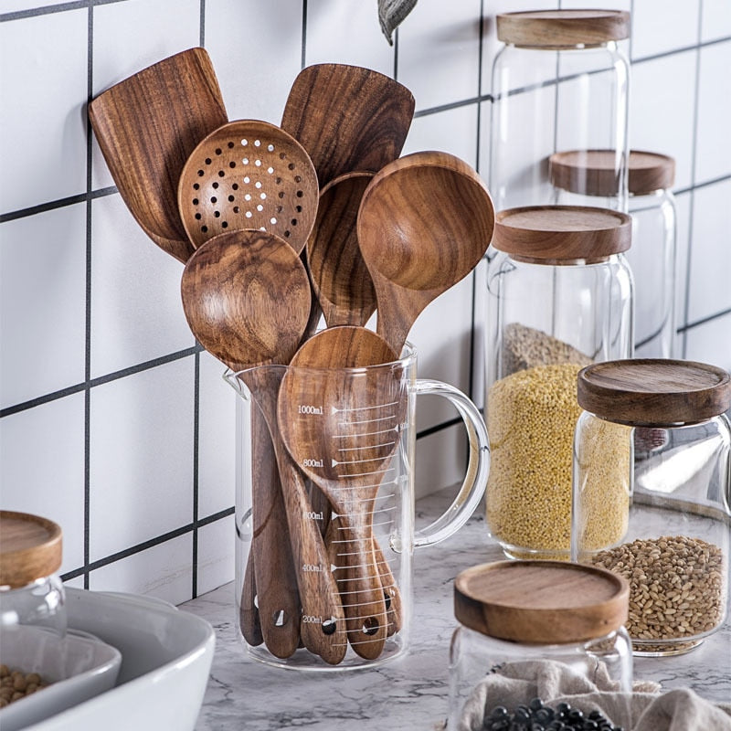 Teak Natural Wood Tableware Spoon Ladle Turner Rice Colander Soup Skimmer Cooking Spoon Scoop Kitchen Reusable Tool Kit