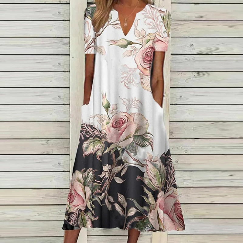 Spring Women Flora Dress Printed Boho Casual V Neck Dress Mid Calf Loose Elegant Ladies Skirt Pockets Vintage Style