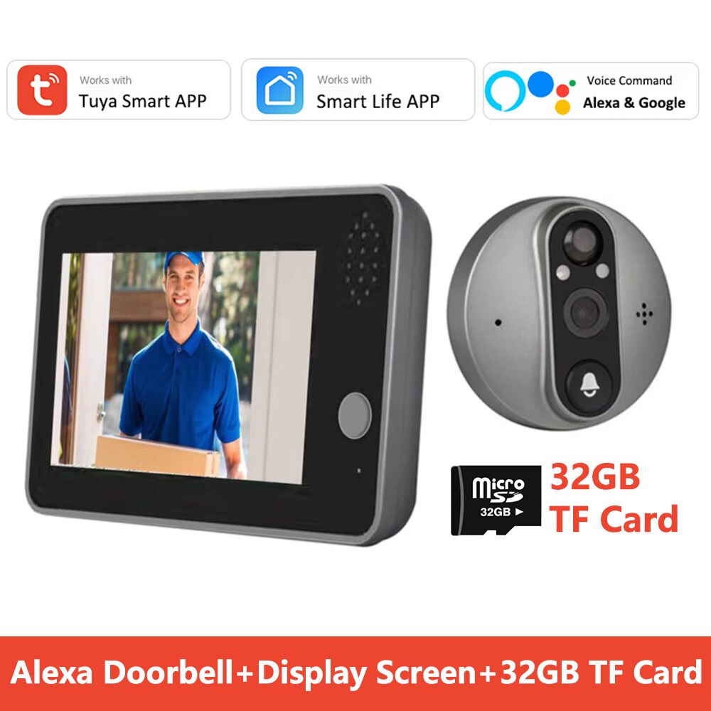 Tuya Smart 1080P WiFi Door Bell Peephole Camera Viewer Home Security Two-way Audio Night Vision 4.3' FHD Video Doorbell Camera