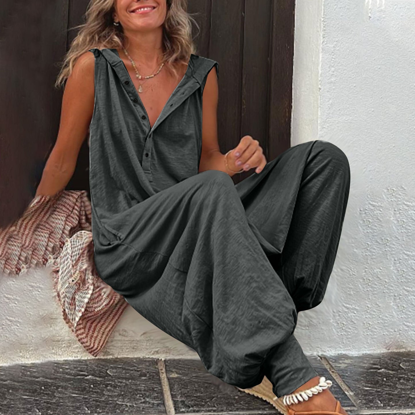Vintage Button Jumpsuit Summer Women Causal Beach Cross-pants Playsuit Fashion Loose Solid Sleeveless Hooded Romper Streetwear