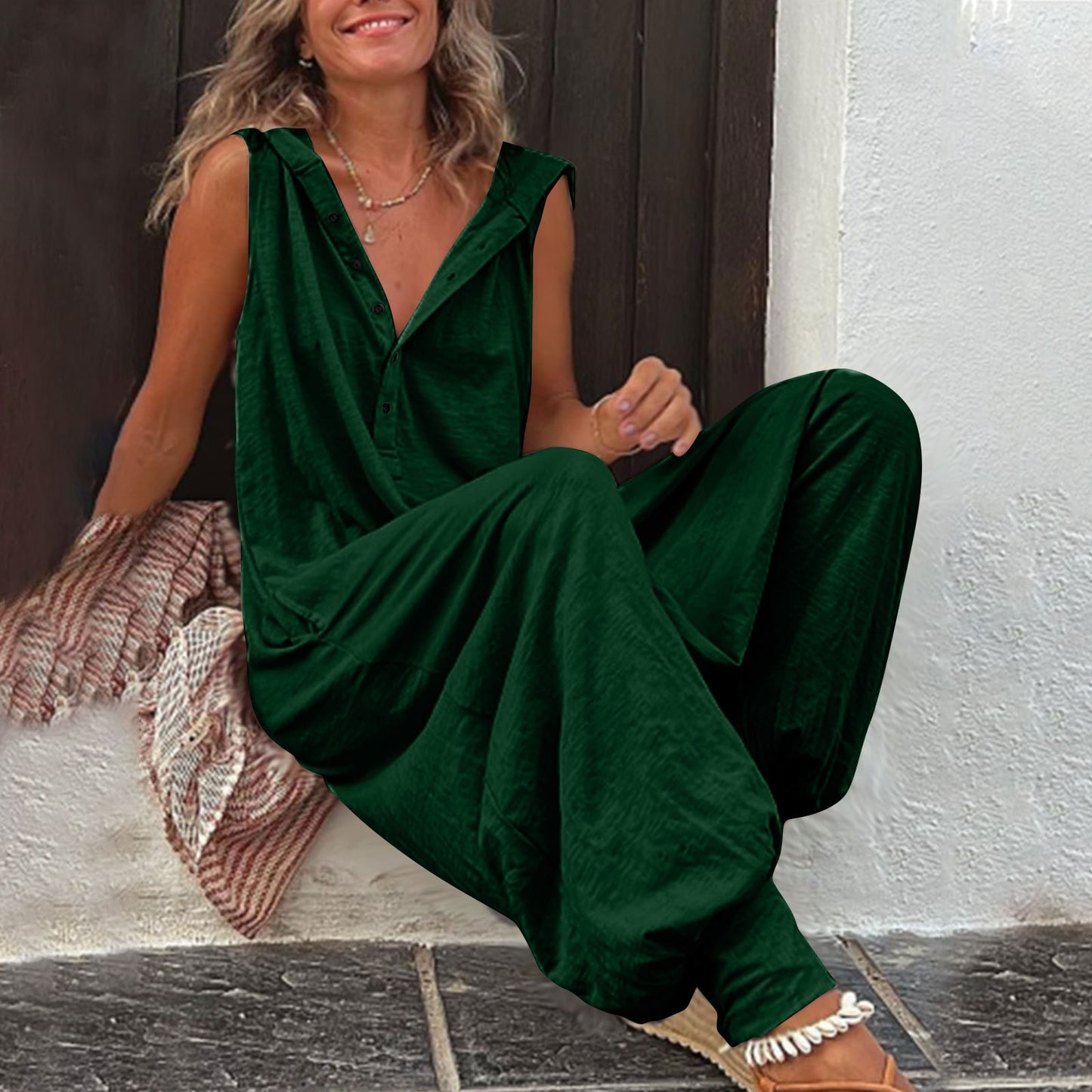Vintage Button Jumpsuit Summer Women Causal Beach Cross-pants Playsuit Fashion Loose Solid Sleeveless Hooded Romper Streetwear