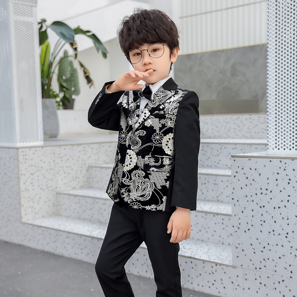 Children Formal Dress Kids Flower Jacket Pants Bowtie 3PCS Piano Costume Boys Bronzing Show Host Handsome Photography Suit