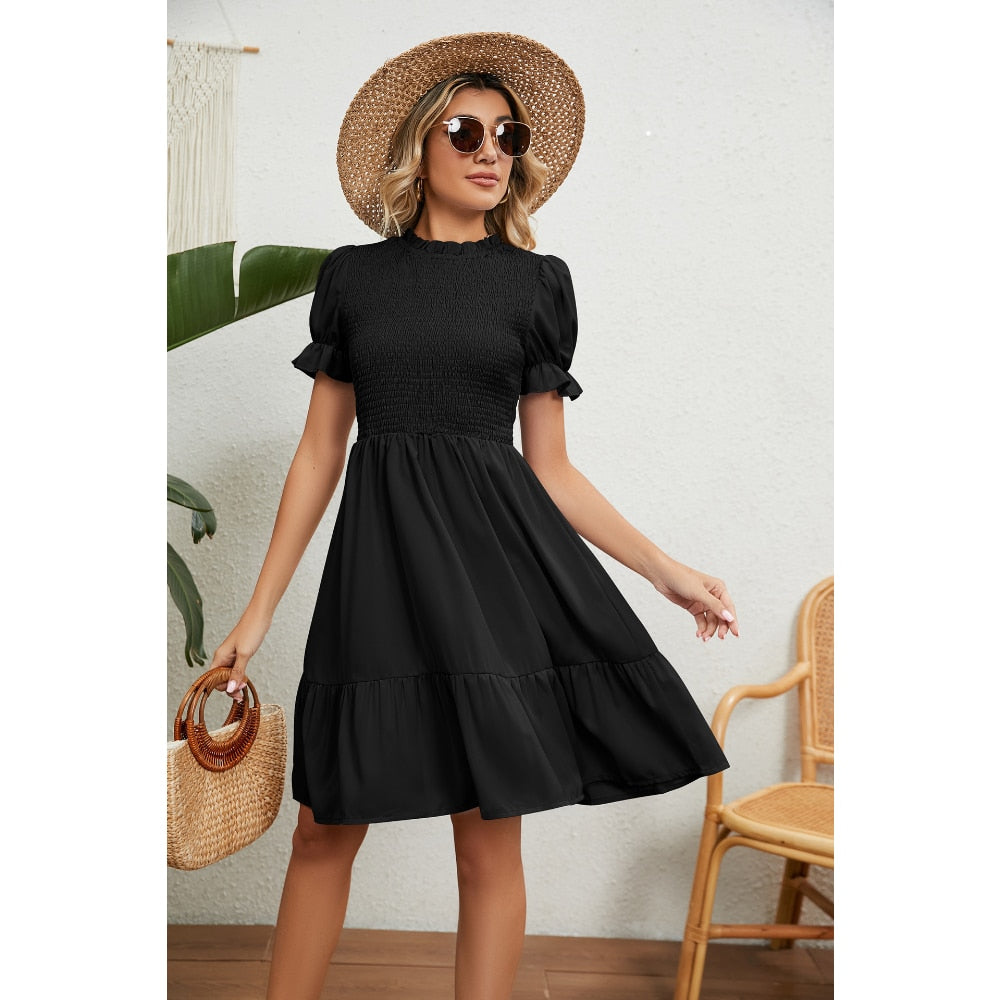 Dresses for Women 2023 Summer Round Neck Pleated Drawstring Pure Color Short Sleeve Slim Fit Women's Dresses Summer Dress