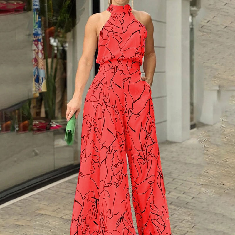 Summer Sexy Halterneck Bodycon Sleeveless High Jumpsuit 2022 Women Abstract Print Jumpsuit Chic Streetwear Wide Leg Romper Mujer