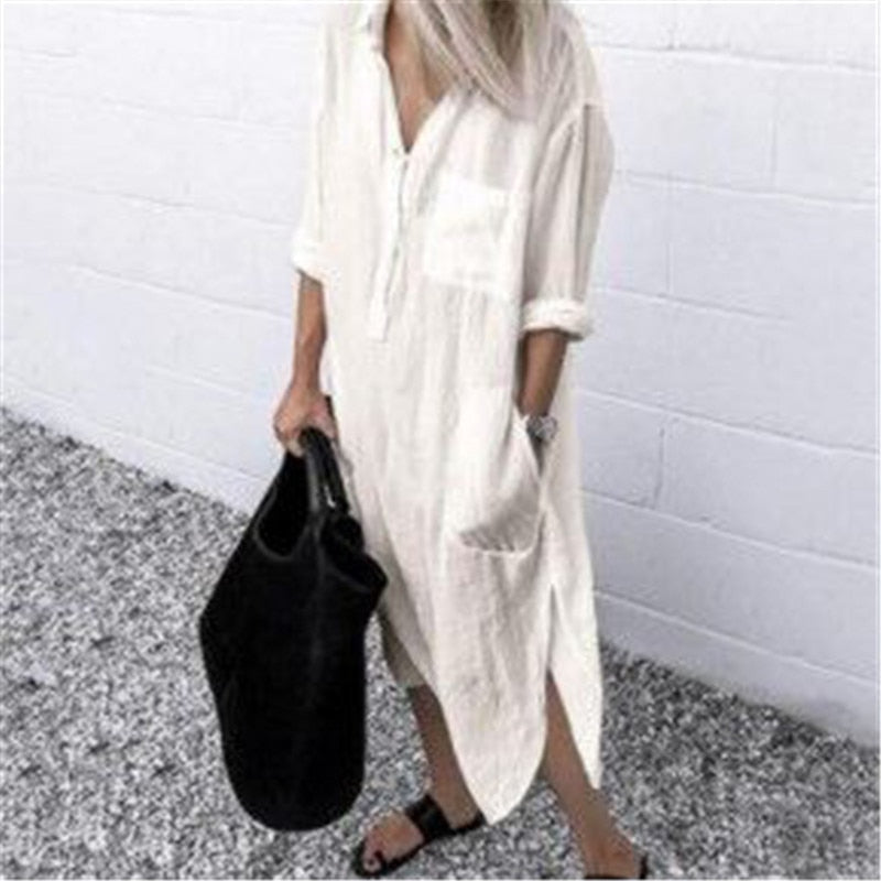Women's Cotton Linen Shirt Dresses Loose Long Sleeve Turn-Down Collar Pullover Solid Dresse Casual Holiday Beach Party Sundress