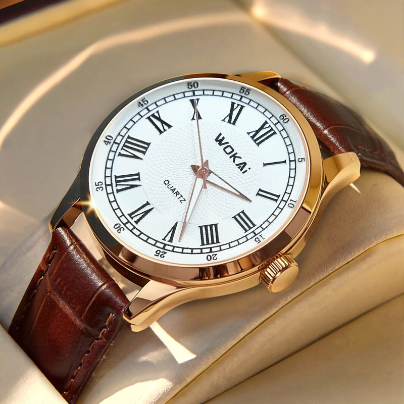WOKAI high quality Rose Gold Men's Casual belt quartz watch Men's student three eyes Women's night light waterproof clock
