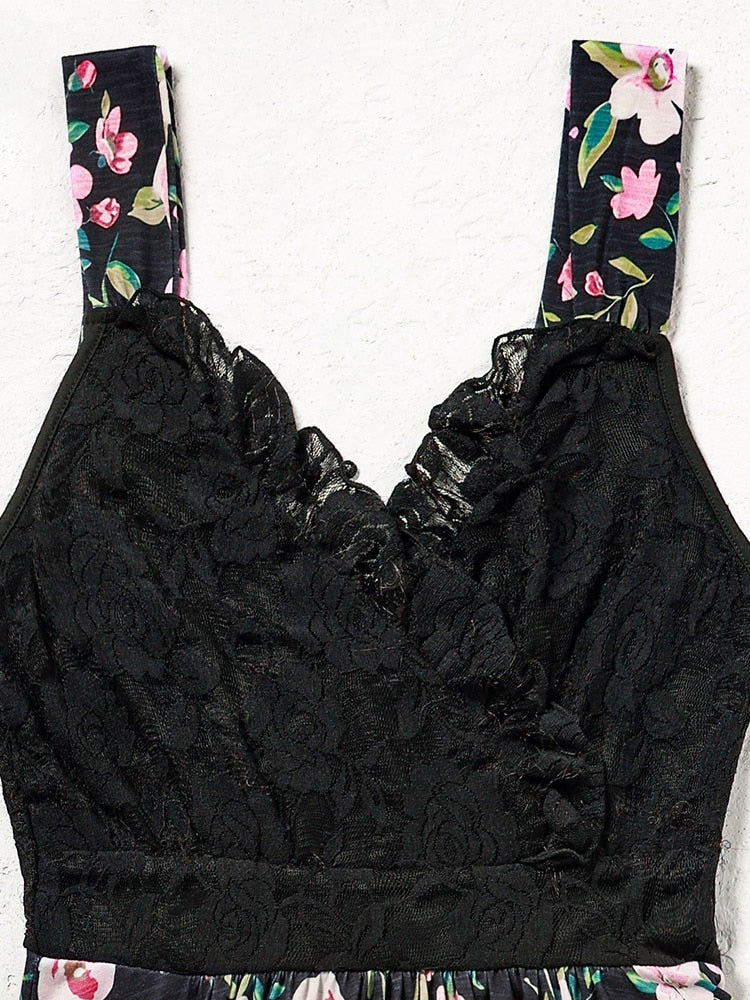 Women Floral Patchwork A-line Ruffled Lace Splicing Open Back Mini Dress 2023 Summer V-Neck Office Lady Casual Dresses Vestido