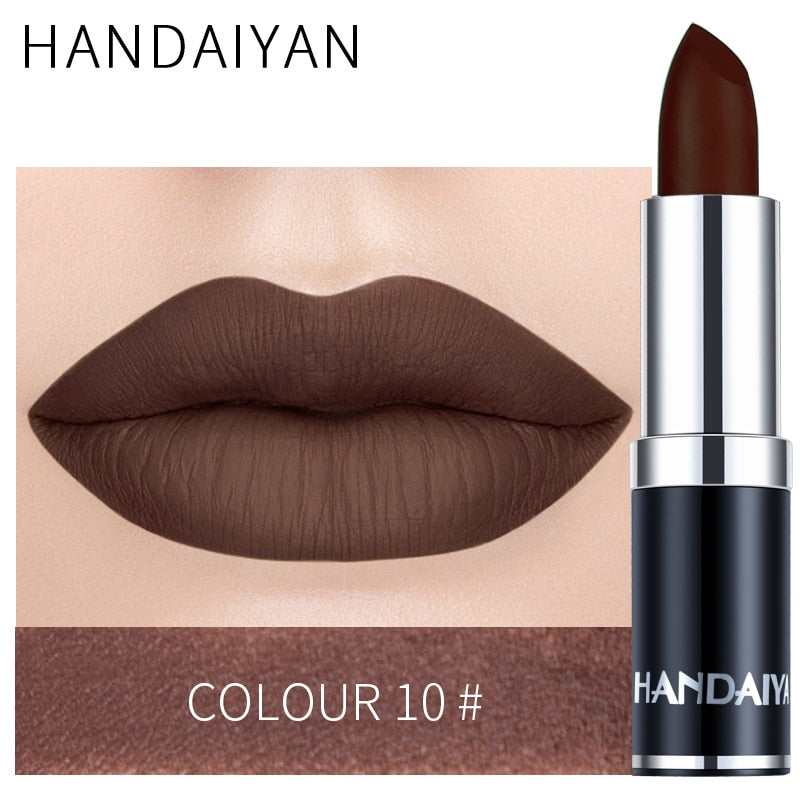 Handaiyan Sexy Nude Red Brown Purple Lipgloss Matte Lip Gloss Velvety Lipstick Matte Waterproof Makeup Long Lasting Cosmetic