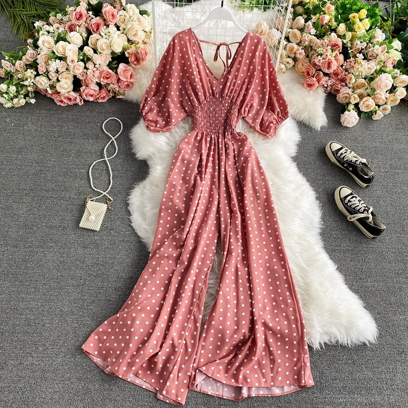 F V Neck Sexy Dolman Sleeves Waist Slim Polka Dot Print Jumpsuit Women Wide Leg Trousers Jumpsuit