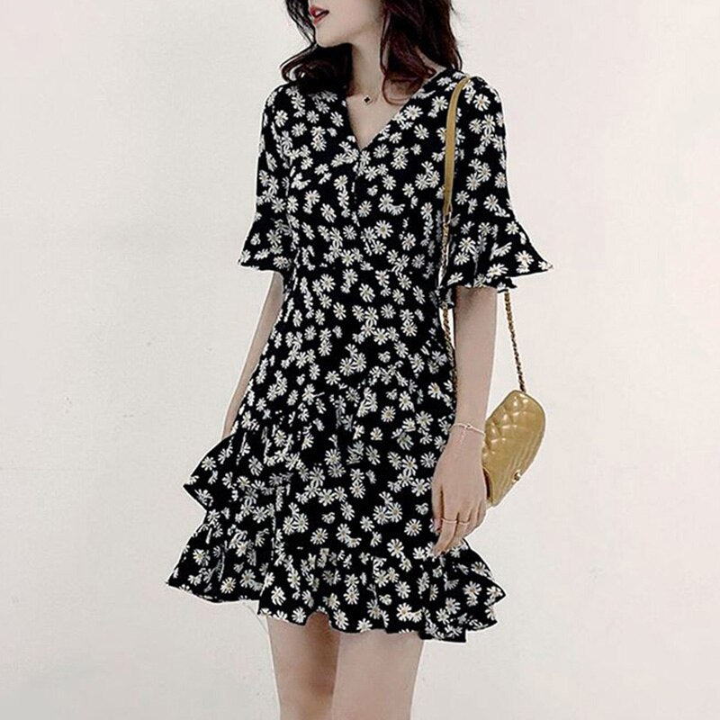 Vintage Printed Loose Asymmetrical Ruffles Mini Dress Women's Clothing 2023 Summer New Office Lady Flare Sleeve Floral Dress