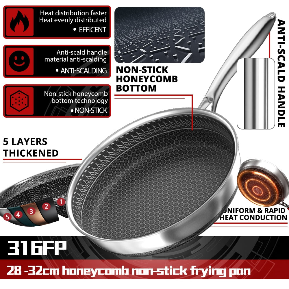 MOEYE Frying Pan 316L Stainless Steel Pan 28/30/32 Kitchen Nonstick Pan Cooking Skillet Kitchen Nonstick Skillet Induction Pan