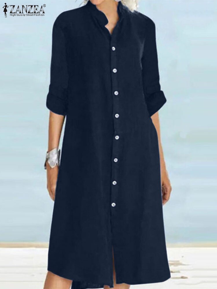 ZANZEA Spring Fashion Shirt Dress Women Long Sleeve Casual Loose Sundress Buttons Down Work Vestido Midi Dresses Robe Femme