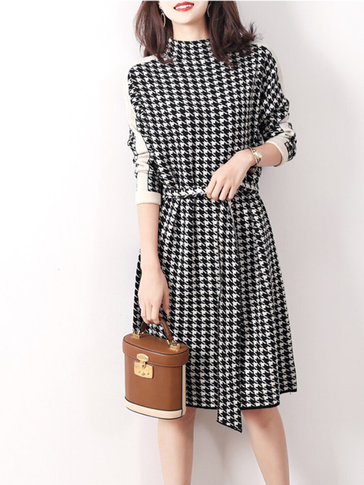 Elegant Dresses for Women Autumn Winter New Long Sleeve Knitted Dress Vintage Houndstooth Bandage Fashion Sweater Dress Belt