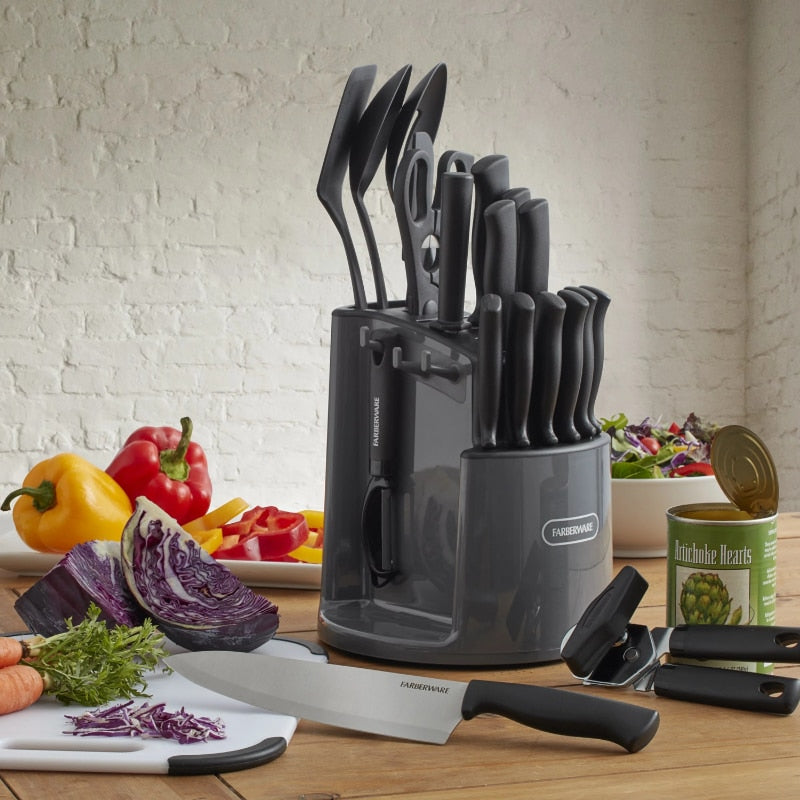 Farberware Classic 30-piece Rotating Carousel Cutlery and Tool Set in Gray kitchen knife set kitchen knife