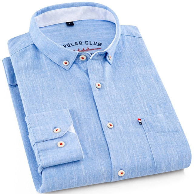 Men's Versatile Casual Long Sleeve Solid Linen Cotton Shirts Single Pocket Button-down Breath Comfortable Soft Slim-fit Shirt