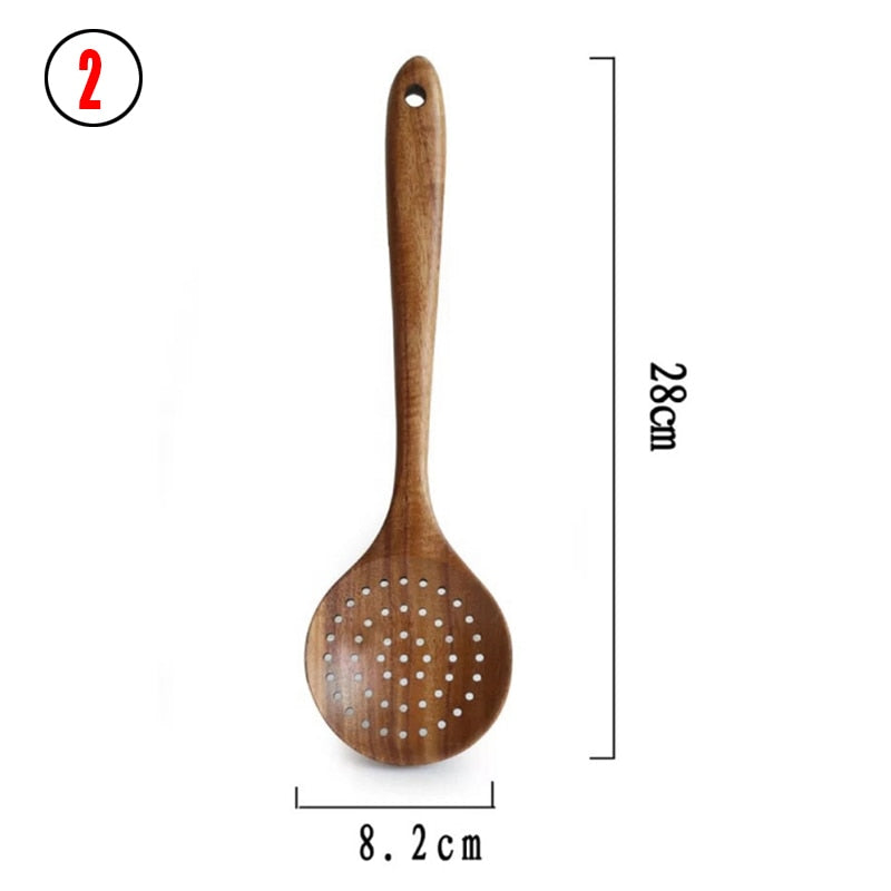 Teak Natural Wood Tableware Spoon Ladle Turner Rice Colander Soup Skimmer Cooking Spoon Scoop Kitchen Reusable Tool Kit