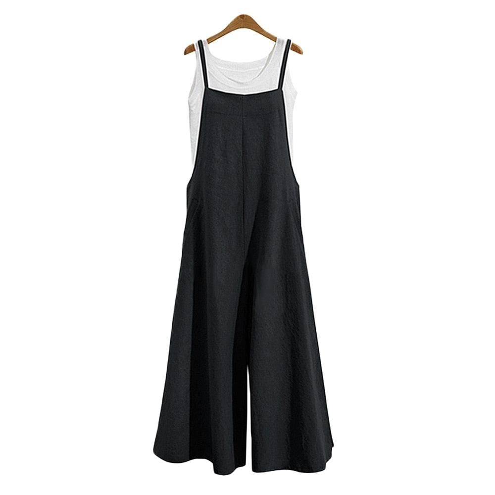 Casual Loose Jumpsuit Women Summer Solid Cotton Linen Straps Wide Leg Pants Dungaree Bib Overalls Sleeveless Oversized Jumpsuits