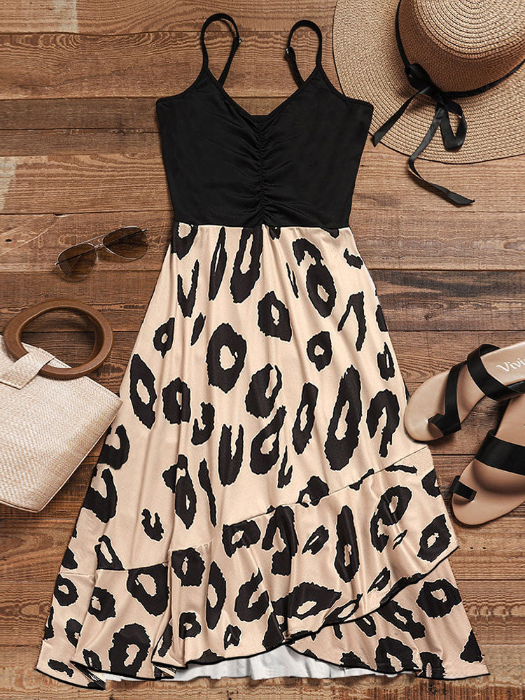 Casual Dresses for Women Leopard Ruched Spaghetti Strap Beach Midi Dress 2023 Summer Sleeveless V Neck Floral A Line Sundress