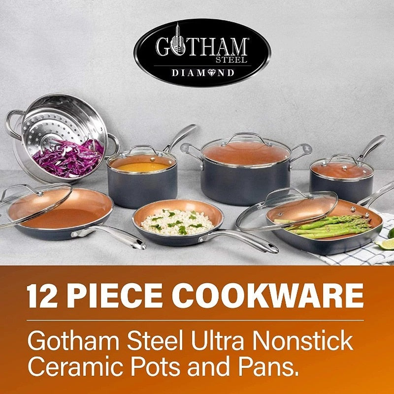 Gotham Steel Diamond 12 Piece Cookware Set, Non-Stick Copper Coating, Includes Skillets, Frying Pans and Stock Pots,Dishwasher