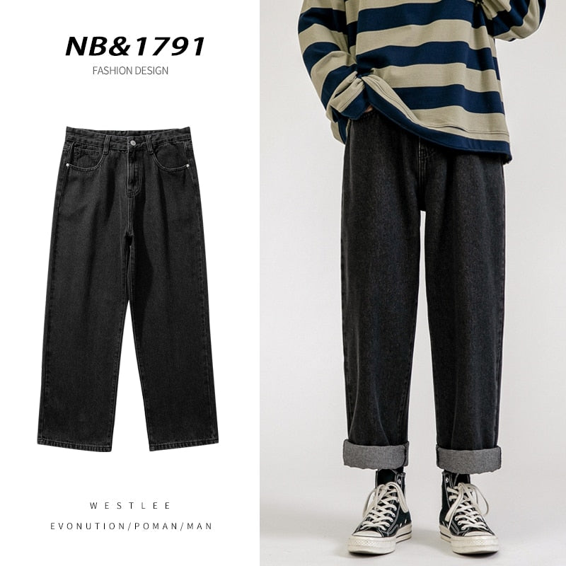 Korean Fashion Men's Baggy Jeans Classic All-match Solid Color Straight-leg Denim Wide-leg Pants Male Light Blue Grey Black