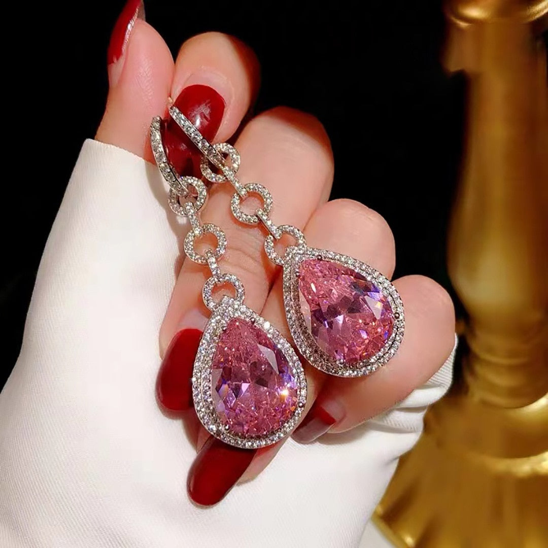 Sparkling Water Drop Earrings 2022 Trend Pink AAA Zircon Stone Women Wedding Engagement Bridal Crystal Dangle Fashion Jewelry
