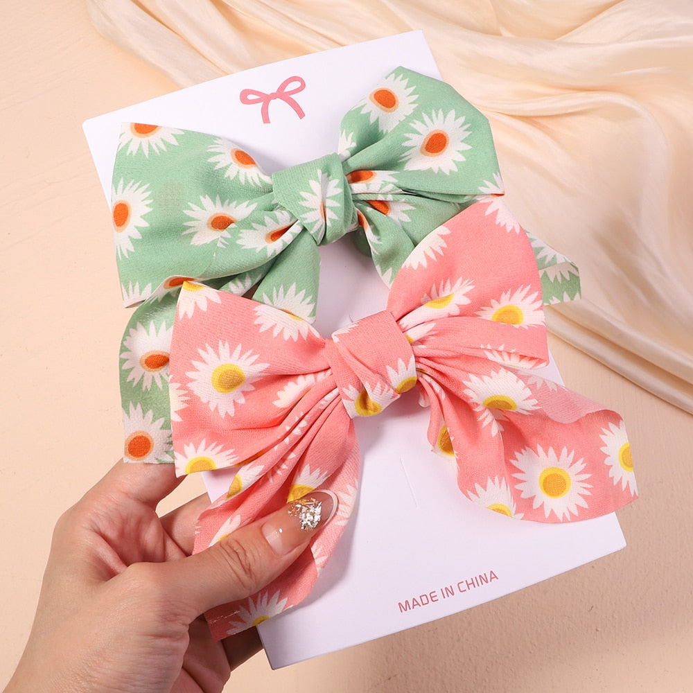 2Pcs/set Women Girls Sweet Solid Bowknot Hair Clips Print Bows Hairpins Ribbon Barrettes Duckbill Clip Headwear Hair Accessories