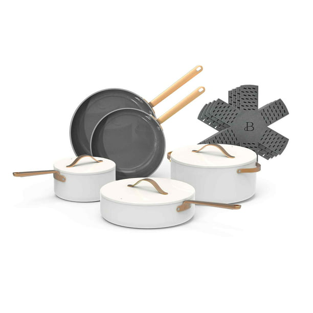Beautiful 12pc Ceramic Non-Stick Cookware Set, White Icing by Drew Barrymore pots and pans pots and pans set