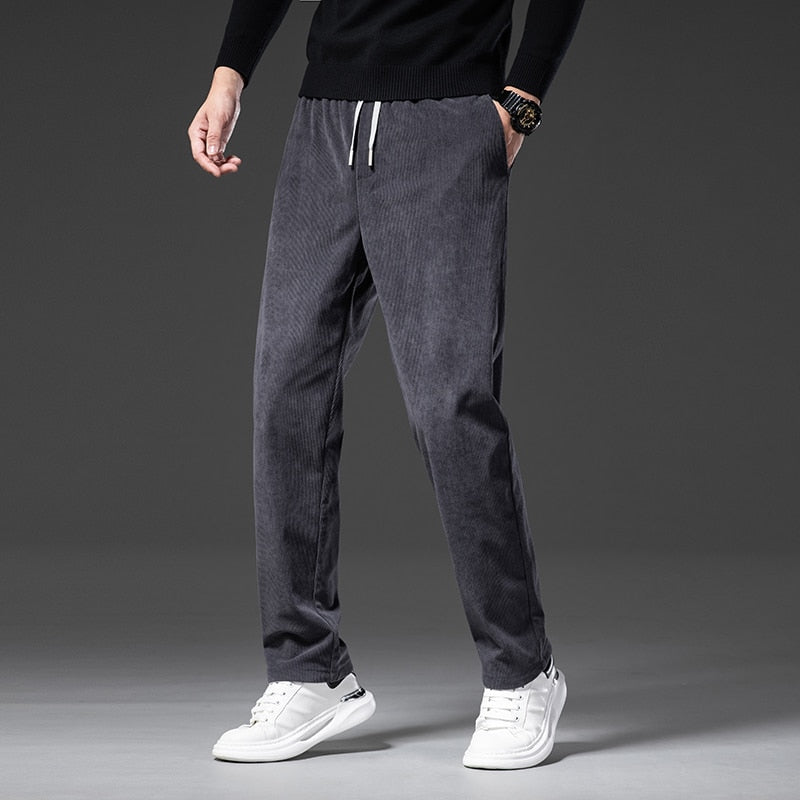 Spring Autumn Men's Corduroy Casual Pants Elastic Waist Business Fashion Straight Loose Trousers Male Black Khaki Blue M-5XL