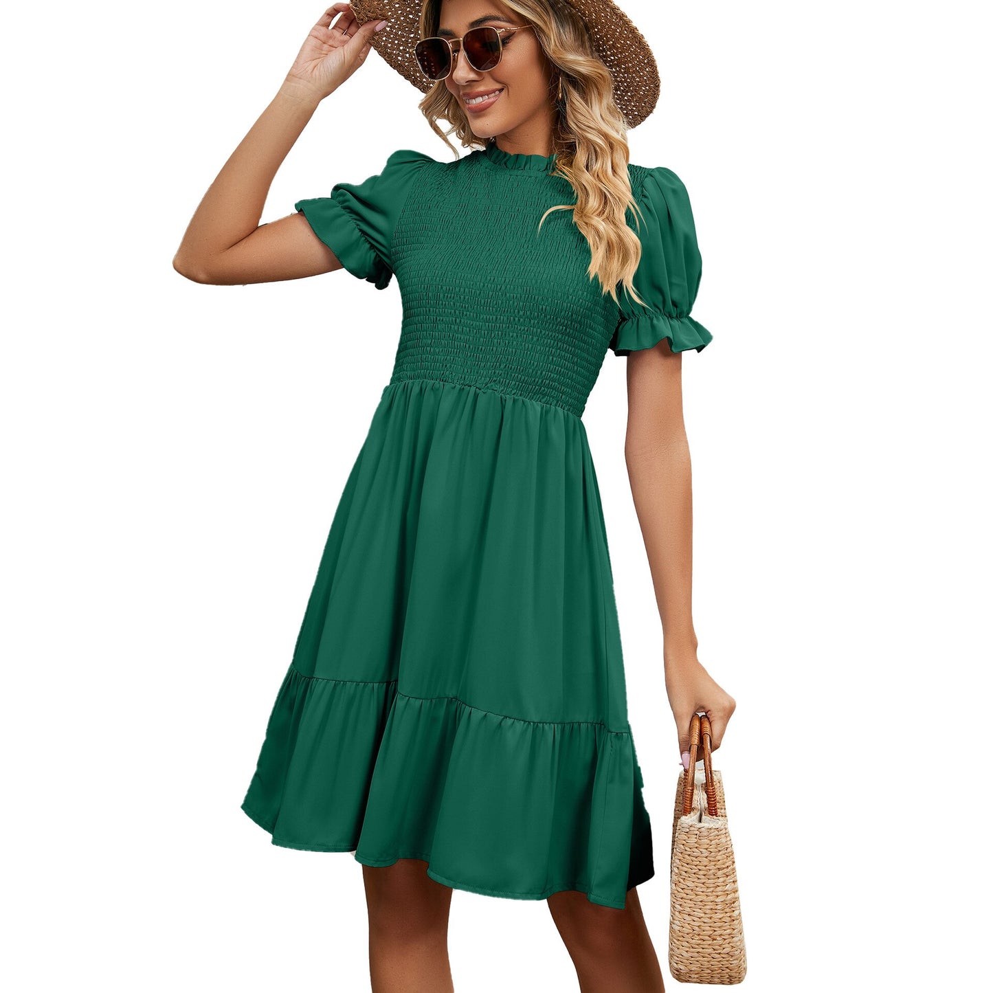 Dresses for Women 2023 Summer Round Neck Pleated Drawstring Pure Color Short Sleeve Slim Fit Women's Dresses Summer Dress