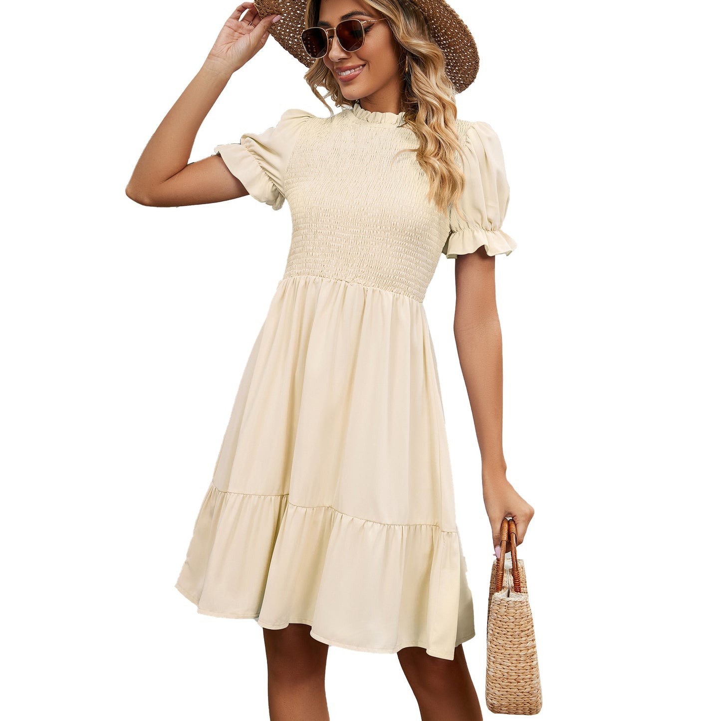Dresses for Women 2023 Summer Round Neck Pleated Drawstring Pure Color Short Sleeve Slim Fit Women's Dresses Summer Dress