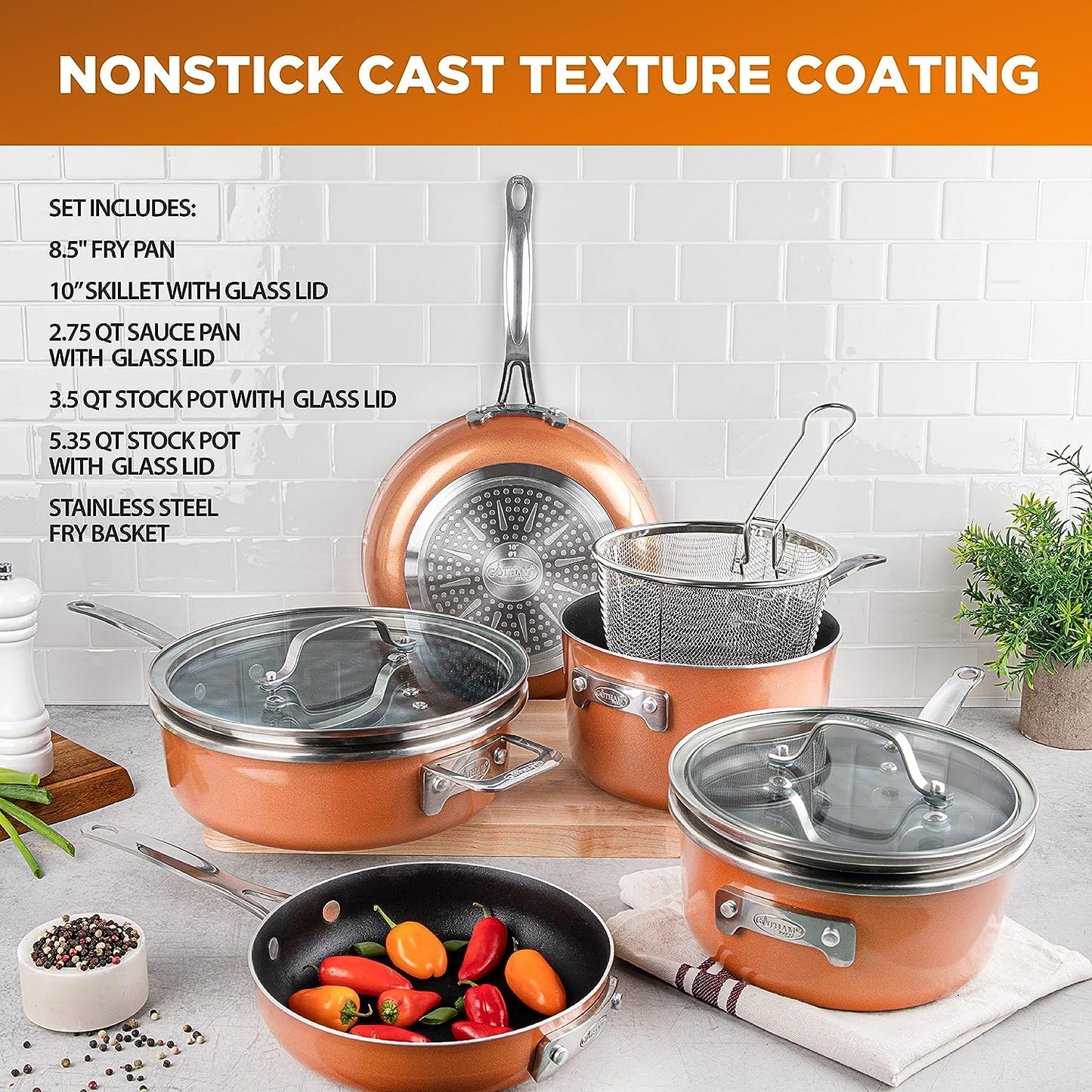 Pots & Pans Set \u2013 Stackable 10 Piece Cookware Set Saves 30% Space, Ultra Nonstick Cast Texture Coating, Includes Fry Pa