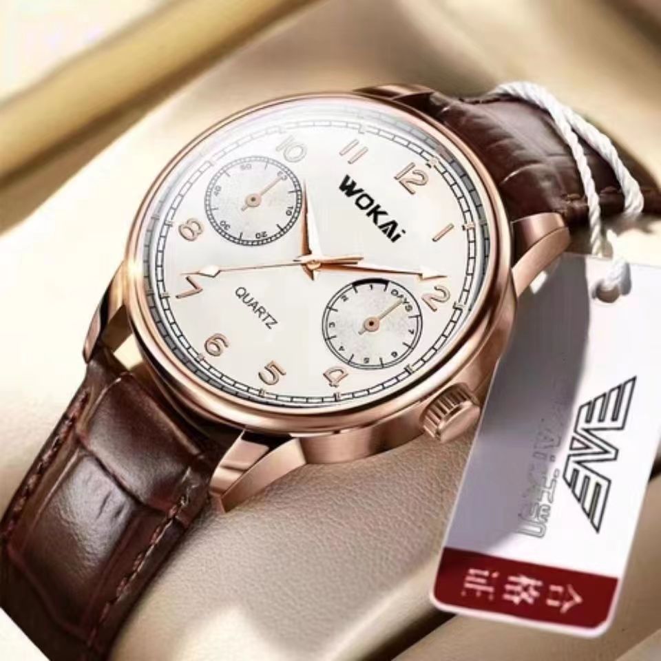 WOKAI high quality Rose Gold Men's Casual belt quartz watch Men's student three eyes Women's night light waterproof clock