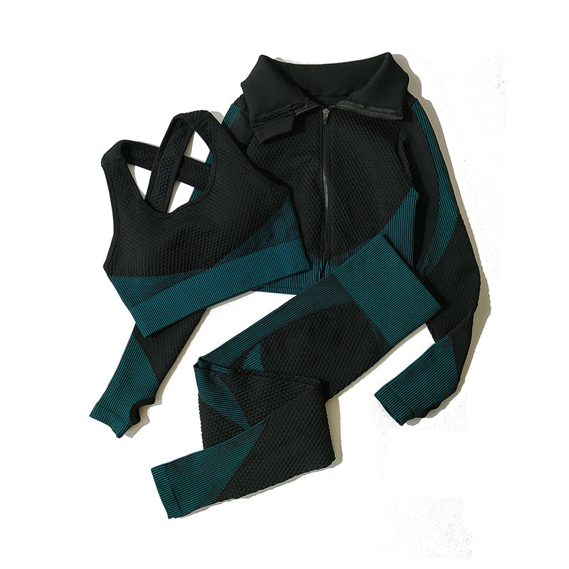 2/3Pcs Women Yoga Suit Seamless Knitted Yoga Pants Leggings Clothing Zipper Long Sleeve Crop Top Fitness Wear Sportswear Gym Set