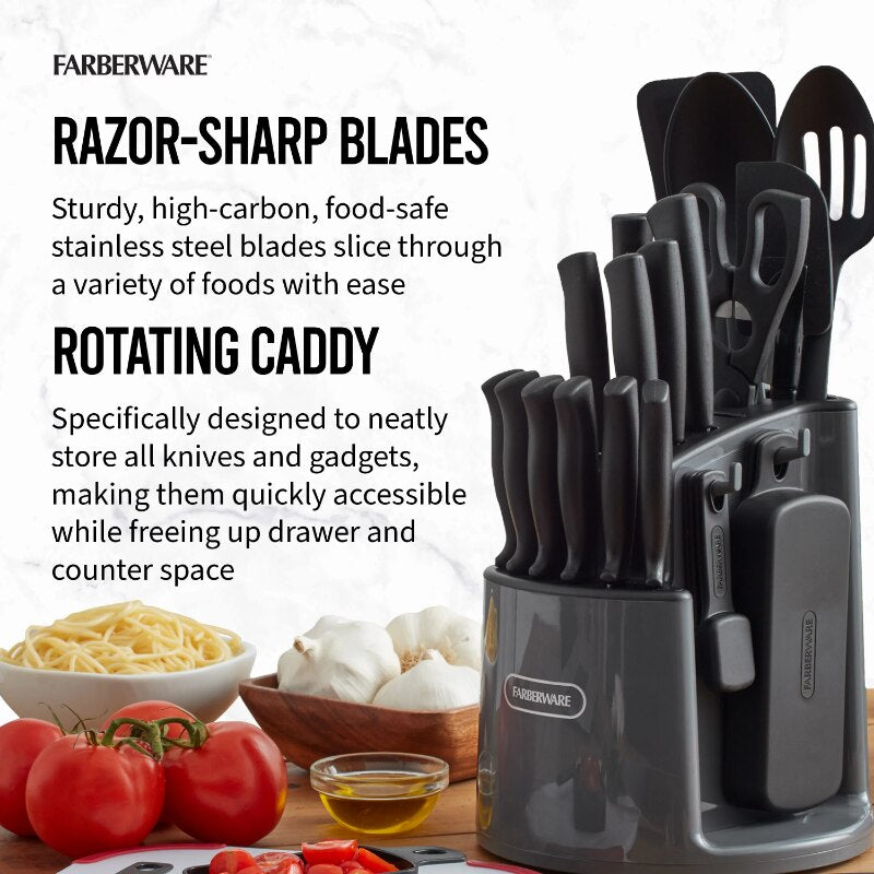 Farberware Classic 30-piece Rotating Carousel Cutlery and Tool Set in Gray kitchen knife set kitchen knife